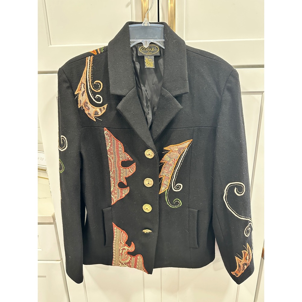 Alex Kim Coat Womens Large Black Wool Blend Embroidered Beaded Paisley Jacket
